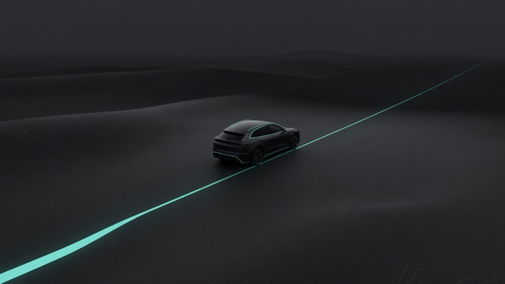 Illustration: a dark landscape crossed by a single teal route line, a car tracing it