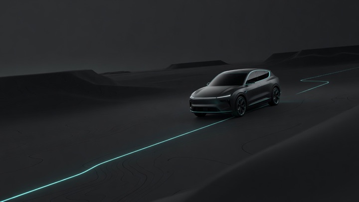 Illustration: a car crossing dark terrain, a winding teal route line trailing behind it